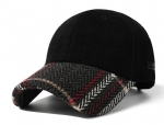Men's Winter Wool Blend Baseball Cap with Herringbone Plaid Brim, Warm Adjustable Ear Flap Hat for Cold Weather Outdoor