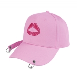 Pink Cotton Baseball Cap with Lips Embroidery, Unisex Adjustable Curved Brim Street Hat with Decorative Metal O Rings for Daily Wear