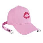 Pink Cotton Baseball Cap with Lips Embroidery, Unisex Adjustable Curved Brim Street Hat with Decorative Metal O Rings for Daily Wear