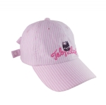 Pink White Striped Baseball Cap with Cute Black Cat Embroidery, Women Adjustable Curved Brim Cotton Hat with Decorative Back Bow for Daily Wear