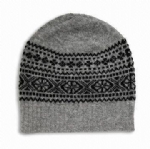Unisex Heather Grey Fair Isle Jacquard Knit Cuffed Beanie Hat, Geometric Nordic Pattern Warm Winter Skull Cap for Men Women