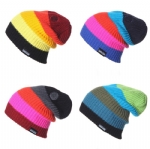 Unisex Rainbow Color Block Striped Ribbed Knit Beanie Hat, Slouchy Stretch Warm Streetwear Winter Skull Cap for Men Women