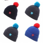 Unisex Solid Ribbed Cuffed Pom Pom Knit Beanie Hat, Stretch Warm Winter Bobble Skull Cap with Square Patch for Men Women