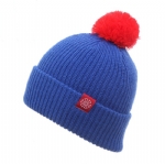 Unisex Solid Ribbed Cuffed Pom Pom Knit Beanie Hat, Stretch Warm Winter Bobble Skull Cap with Square Patch for Men Women
