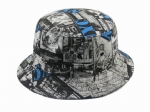 Unisex Vintage Newspaper Graffiti Print Bucket Hat, Black White Blue Graphic Streetwear Summer Fisherman Sun Hat