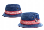 Unisex Washed Denim Bucket Hat with Red Paisley Bandana Trim, Vintage Street Style Fisherman Sun Hat with Metal Rivets