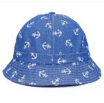 Kids Cotton Bucket Sun Hat, Nautical White Anchor Print Denim Blue Summer Beach Fisher Hat for Boys