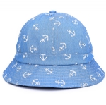 Kids Cotton Bucket Sun Hat, Nautical White Anchor Print Denim Blue Summer Beach Fisher Hat for Boys