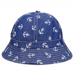 Kids Cotton Bucket Sun Hat, Nautical White Anchor Print Denim Blue Summer Beach Fisher Hat for Boys